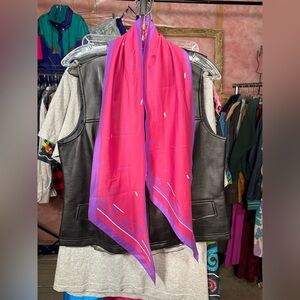 Vintage Long Silk Scarf Hot Pink Fuchsia Purple Abstract Lotus Pattern 80s 90s